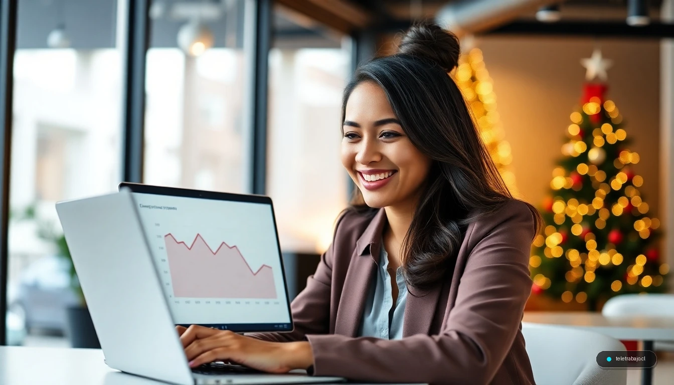 Mujer profesional analizando gráfico de descenso del paro en entorno navideño