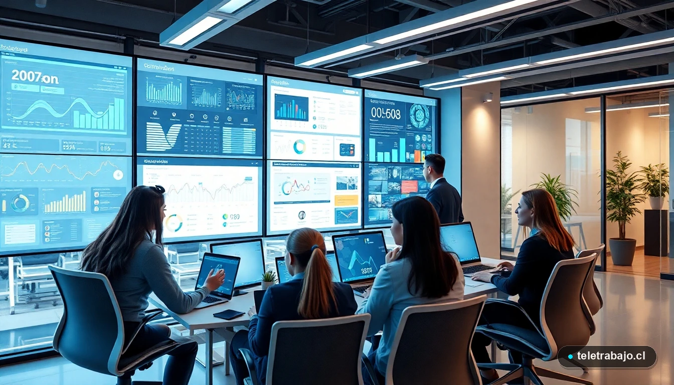 Tendencias de búsqueda de empleo 2026 en Chile: equipo colaborando en oficina moderna con IA