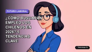 Ilustración plana corporativa de una mujer profesional chilena con blusa azul y anteojos, mirando hacia la izquierda con un fondo degradado lavanda suave, representando las tendencias de búsqueda de empleo.