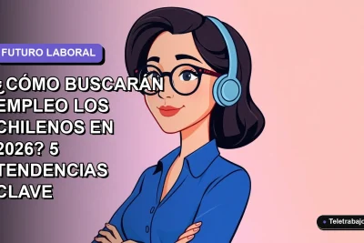 Ilustración plana corporativa de una mujer profesional chilena con blusa azul y anteojos, mirando hacia la izquierda con un fondo degradado lavanda suave, representando las tendencias de búsqueda de empleo.