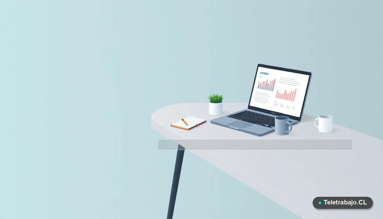 Escritorio moderno minimalista con laptop, gráficos, cuaderno y planta, representando la gestión financiera de un autónomo.