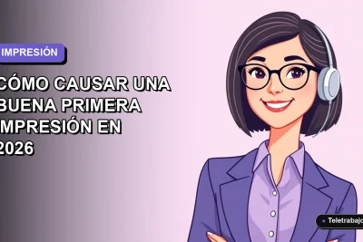 Ilustración plana corporativa de una mujer profesional de teletrabajo sonriendo, con fondo degradado lila suave. Espacio negativo a la izquierda.