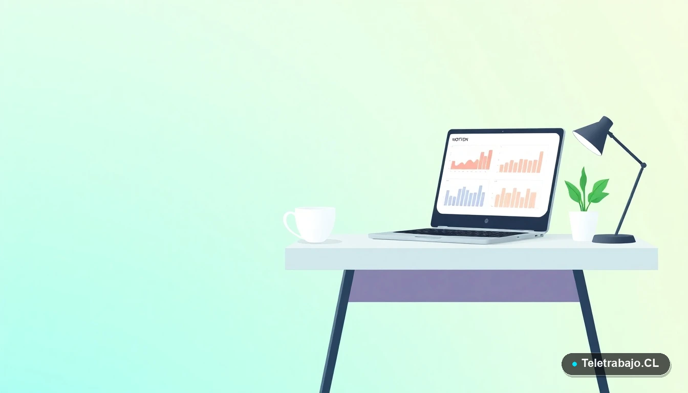 Escritorio moderno minimalista para teletrabajo con laptop, taza de café y planta, sobre fondo degradado de menta y verde azulado.