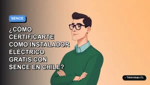 Ilustración plana de un instalador eléctrico certificándose gratis con SENCE Chile, fondo degradado azul.