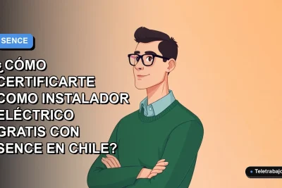Ilustración plana de un instalador eléctrico certificándose gratis con SENCE Chile, fondo degradado azul.
