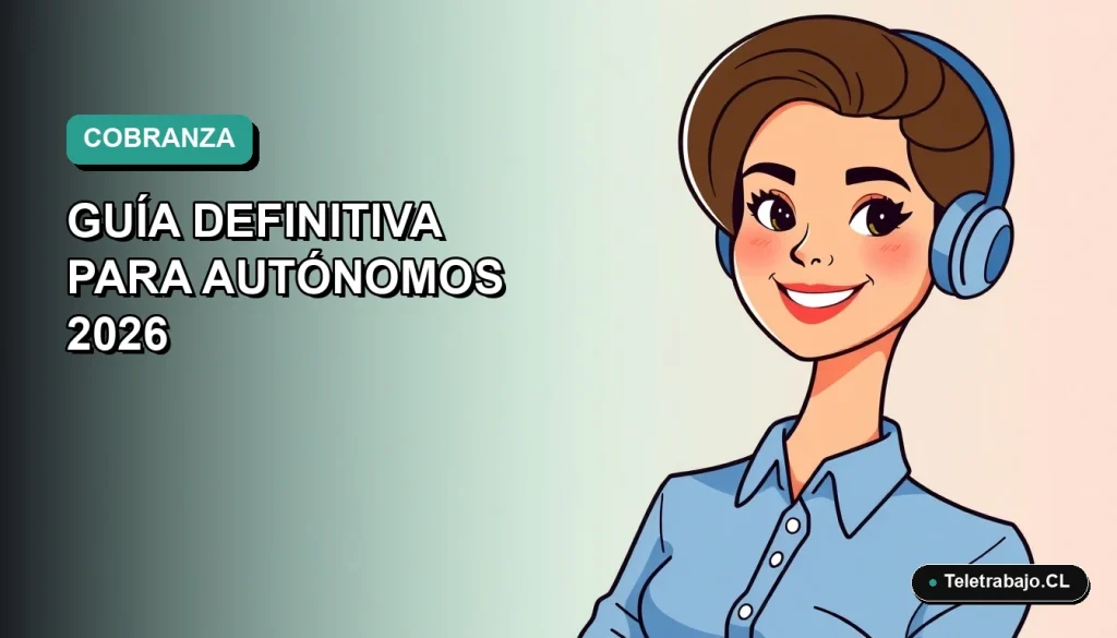 Ilustración plana corporativa de una mujer profesional chilena con blusa azul, sonriendo, sobre fondo degradado verde azulado. Concepto de finanzas y cobranza para autónomos.