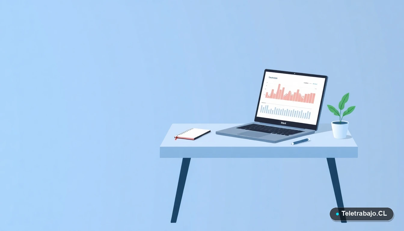 Escritorio moderno minimalista con laptop mostrando gráficos, cuaderno y planta, sobre fondo degradado azul. Representación de productividad y gestión financiera para autónomos.