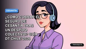 Ilustración vectorial plana de una trabajadora de tecnología con expresión de duda, sobre fondo degradado azul y lila. Representa la guía para cobrar el seguro de cesantía tras un despido colectivo en Chile.