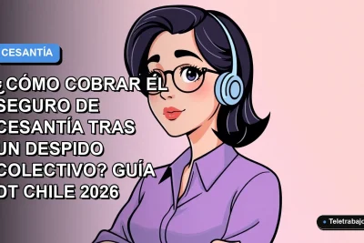 Ilustración vectorial plana de una trabajadora de tecnología con expresión de duda, sobre fondo degradado azul y lila. Representa la guía para cobrar el seguro de cesantía tras un despido colectivo en Chile.