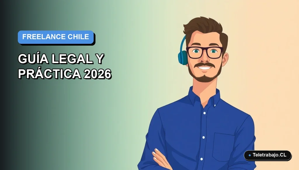 Ilustración vectorial plana de un trabajador freelance hombre en Chile revisando documentos legales frente a una laptop, con fondo degradado azul.