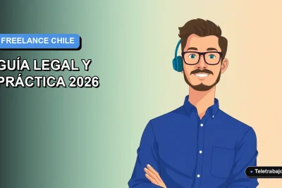 Ilustración vectorial plana de un trabajador freelance hombre en Chile revisando documentos legales frente a una laptop, con fondo degradado azul.