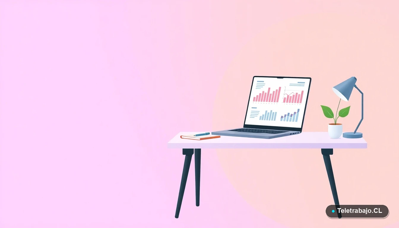 Escritorio moderno y minimalista con laptop y elementos de oficina para un freelance, sobre fondo degradado lila y durazno.