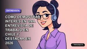 Ilustración vectorial plana de una mujer profesional chilena en una entrevista de trabajo remota, con expresión entusiasta y segura, fondo degradado lavanda.