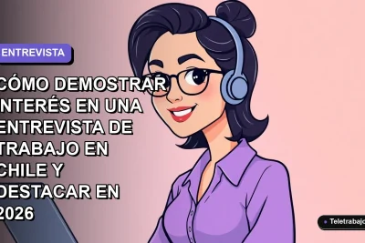 Ilustración vectorial plana de una mujer profesional chilena en una entrevista de trabajo remota, con expresión entusiasta y segura, fondo degradado lavanda.
