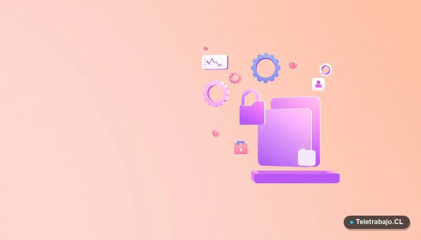 Elementos de interfaz de usuario abstractos y modernos, con gráficos flotantes y engranajes, sobre fondo degradado melocotón, representando soluciones tecnológicas y procesos contra el acoso laboral.