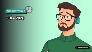 Ilustración vectorial plana de un trabajador remoto masculino con suéter verde mirando un reloj digital flotante, sobre fondo degradado azul verdoso. Concepto de productividad y cambio horario en Chile.