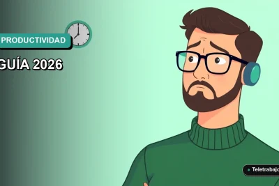 Ilustración vectorial plana de un trabajador remoto masculino con suéter verde mirando un reloj digital flotante, sobre fondo degradado azul verdoso. Concepto de productividad y cambio horario en Chile.