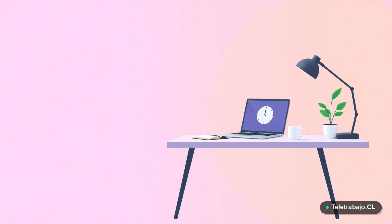 Escritorio moderno minimalista con laptop, taza de café y planta, mostrando un ícono de reloj en la pantalla, sobre fondo degradado lila y durazno. Concepto de espacio de trabajo y gestión del tiempo.