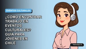 Joven chilena profesional sonriente, ilustración plana estilo Corporate Memphis, buscando trabajo en el sector de eventos culturales, fondo degradado azul.