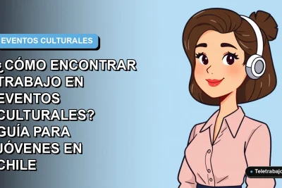 Joven chilena profesional sonriente, ilustración plana estilo Corporate Memphis, buscando trabajo en el sector de eventos culturales, fondo degradado azul.