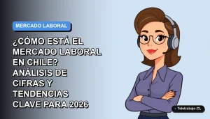 Ilustración plana vectorial corporativa de una mujer profesional chilena trabajando de forma remota, con gráficos abstractos de tendencias laborales. Fondo con degradado suave azul y gris.