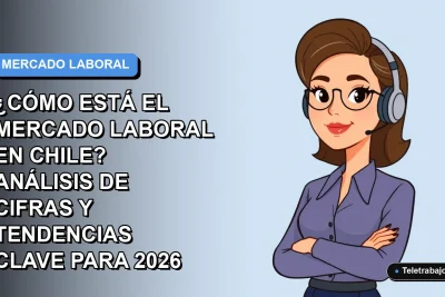 Ilustración plana vectorial corporativa de una mujer profesional chilena trabajando de forma remota, con gráficos abstractos de tendencias laborales. Fondo con degradado suave azul y gris.