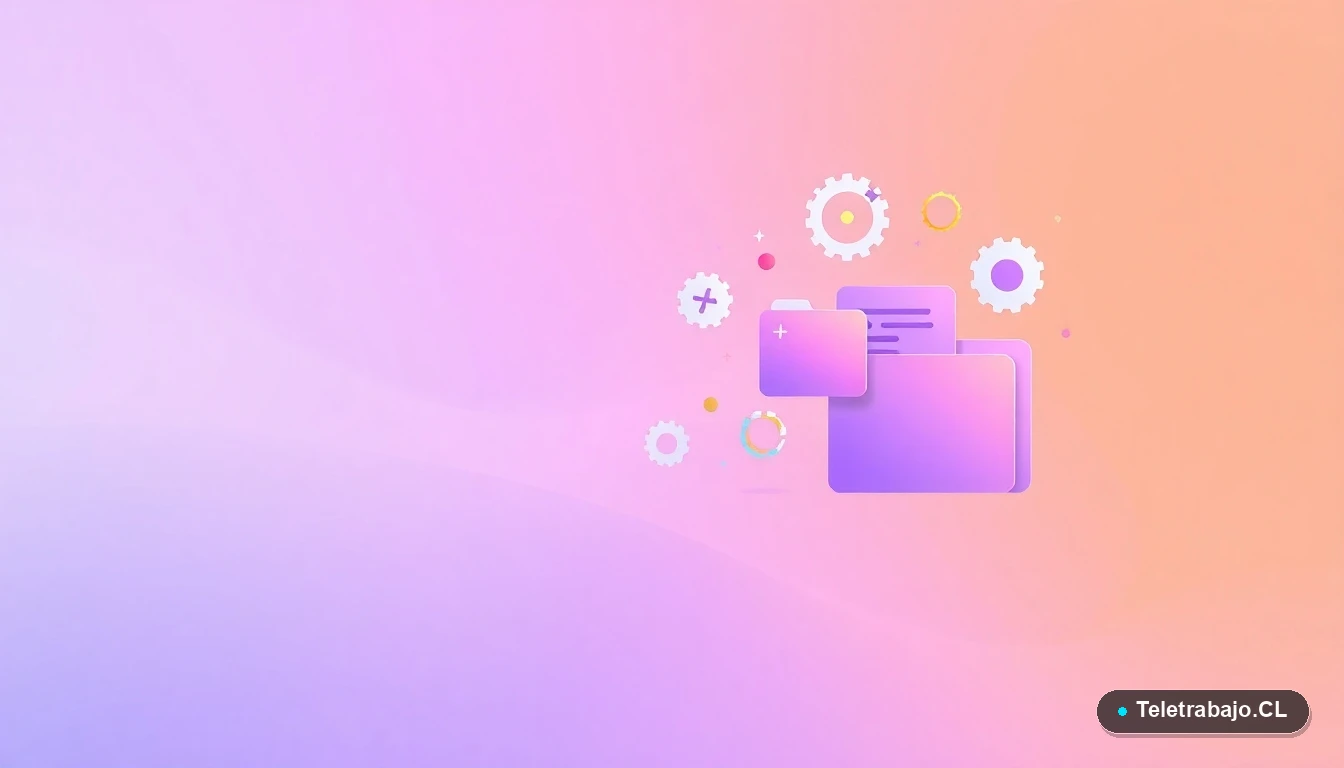 Composición abstracta de interfaz de usuario con gráficos flotantes, engranajes y carpetas en tonos lavanda y durazno, representando datos y tendencias del mercado laboral.