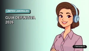 Ilustración plana de trabajadora chilena de teletrabajo sonriendo, con fondo degradado azul verdoso, representando equilibrio laboral.