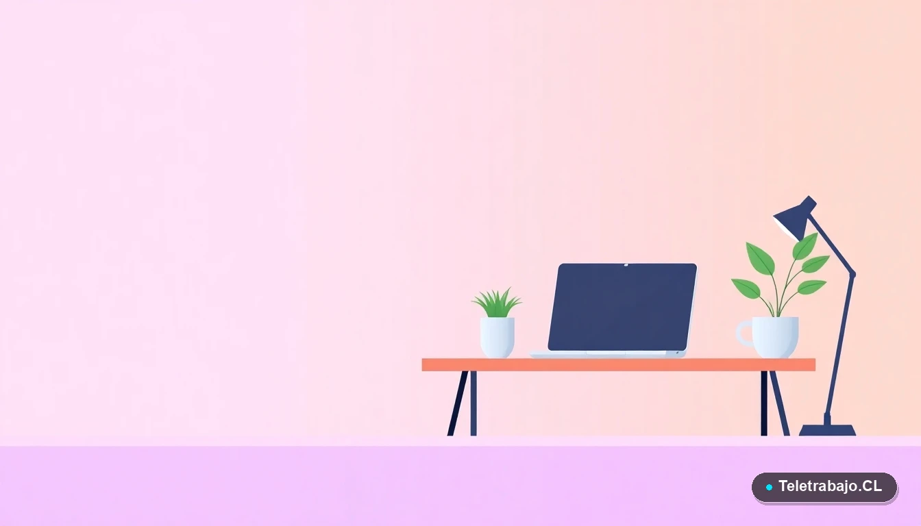Escritorio moderno minimalista para teletrabajo con laptop, planta y taza de café, sobre fondo degradado lila y durazno, concepto de espacio laboral ordenado.