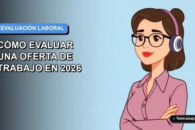Ilustración plana corporativa de mujer profesional evaluando una oferta de trabajo, estilo vectorial moderno con fondo degradado azul.
