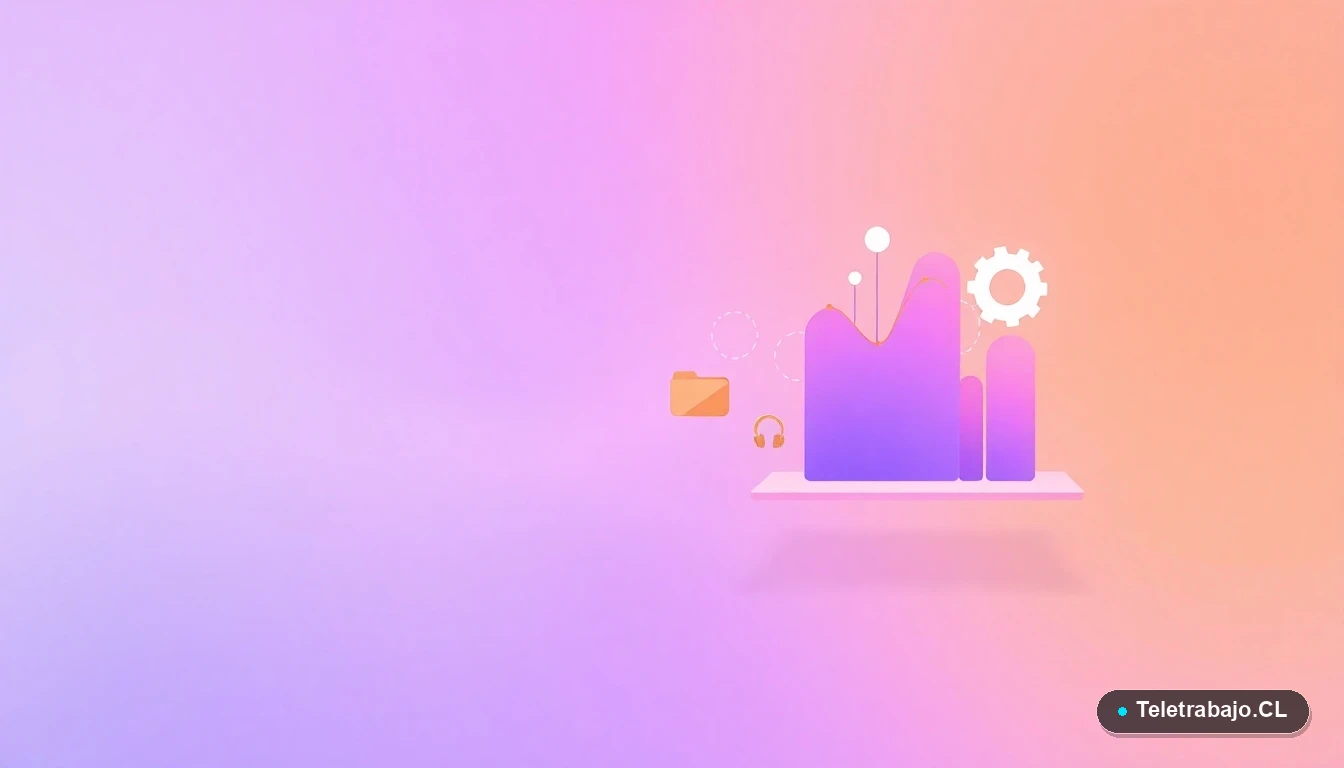 Elementos de interfaz de usuario abstractos, gráficos y engranajes flotantes en colores lavanda y durazno, sobre fondo degradado, estilo ilustración vectorial plana.