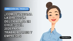 Ilustración plana corporativa de una trabajadora chilena sonriente, con blusa azul y pelo recogido, sobre fondo degradado azul y gris. Representa la guía de la Dirección del Trabajo para 2026.