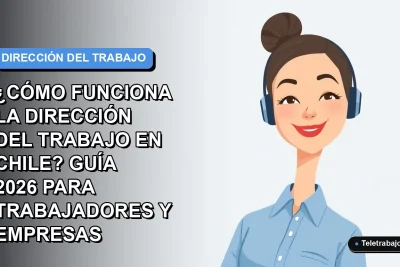 Ilustración plana corporativa de una trabajadora chilena sonriente, con blusa azul y pelo recogido, sobre fondo degradado azul y gris. Representa la guía de la Dirección del Trabajo para 2026.