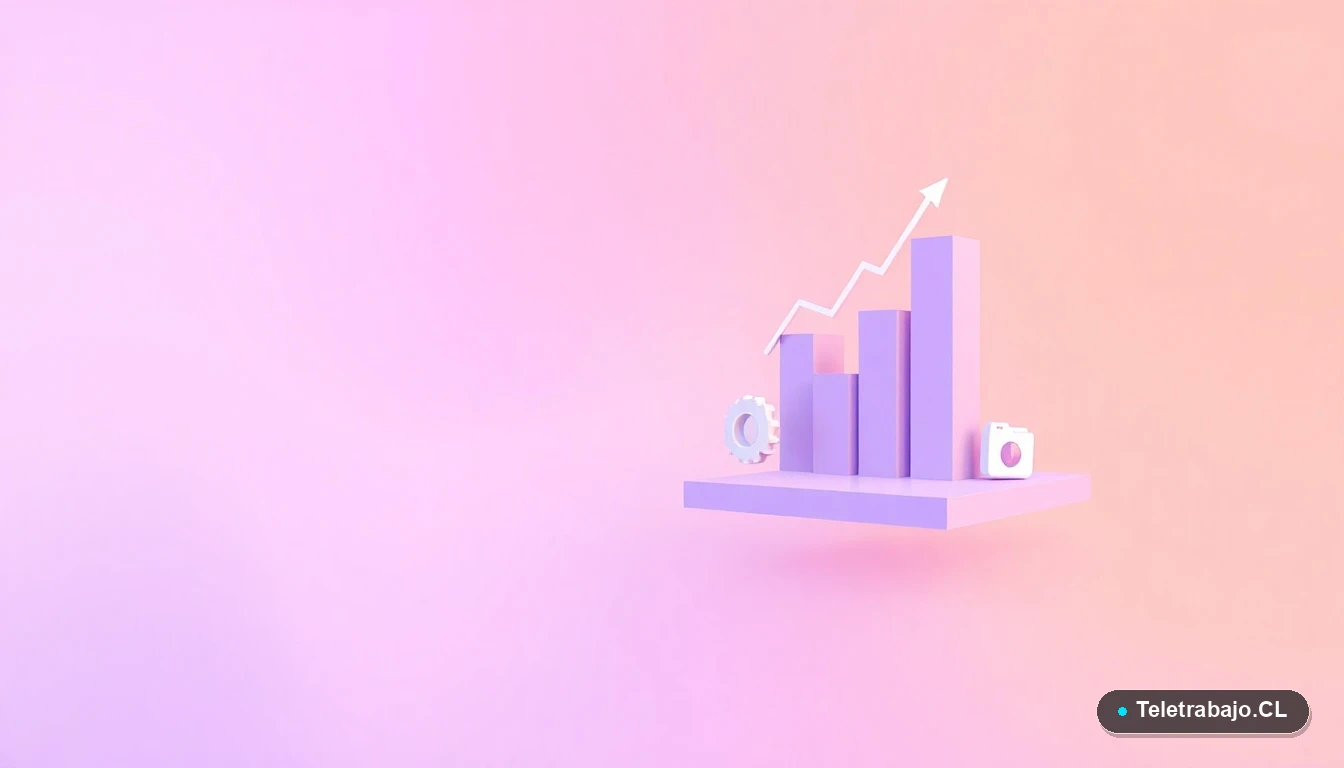 Elementos de interfaz de usuario abstractos y modernos: gráficos, engranajes y carpetas flotantes en colores lavanda y durazno, sobre fondo degradado. Representa procesos y datos de la Dirección del Trabajo de Chile.