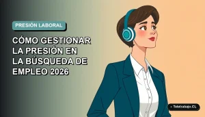 Ilustración vectorial plana de mujer profesional con camisa blanca y chaqueta azul, mirando con calma, sobre fondo degradado suave teal. Concepto de manejo del estrés en búsqueda de empleo.