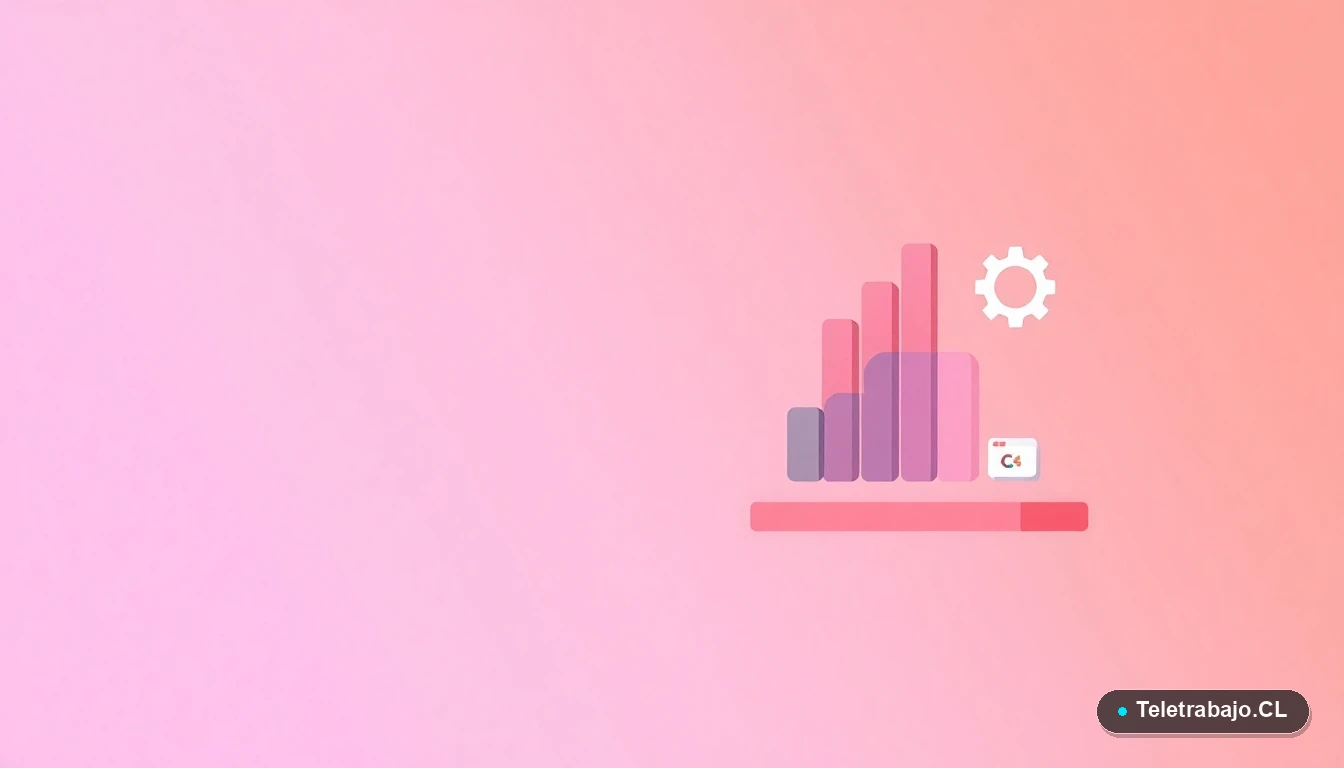 Ilustración abstracta de interfaz de usuario con gráficos flotantes y iconos de engranaje y carpeta, sobre fondo degradado lavanda y durazno. Representa herramientas y datos para la búsqueda de empleo.