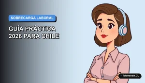 Ilustración vectorial plana de mujer profesional chilena con expresión pensativa, fondo degradado azul, sobrecarga laboral