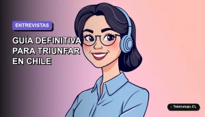 Ilustración vectorial plana de una mujer profesional chilena con blusa azul, sonriendo, sobre fondo degradado lavanda. Concepto de entrevista de trabajo.