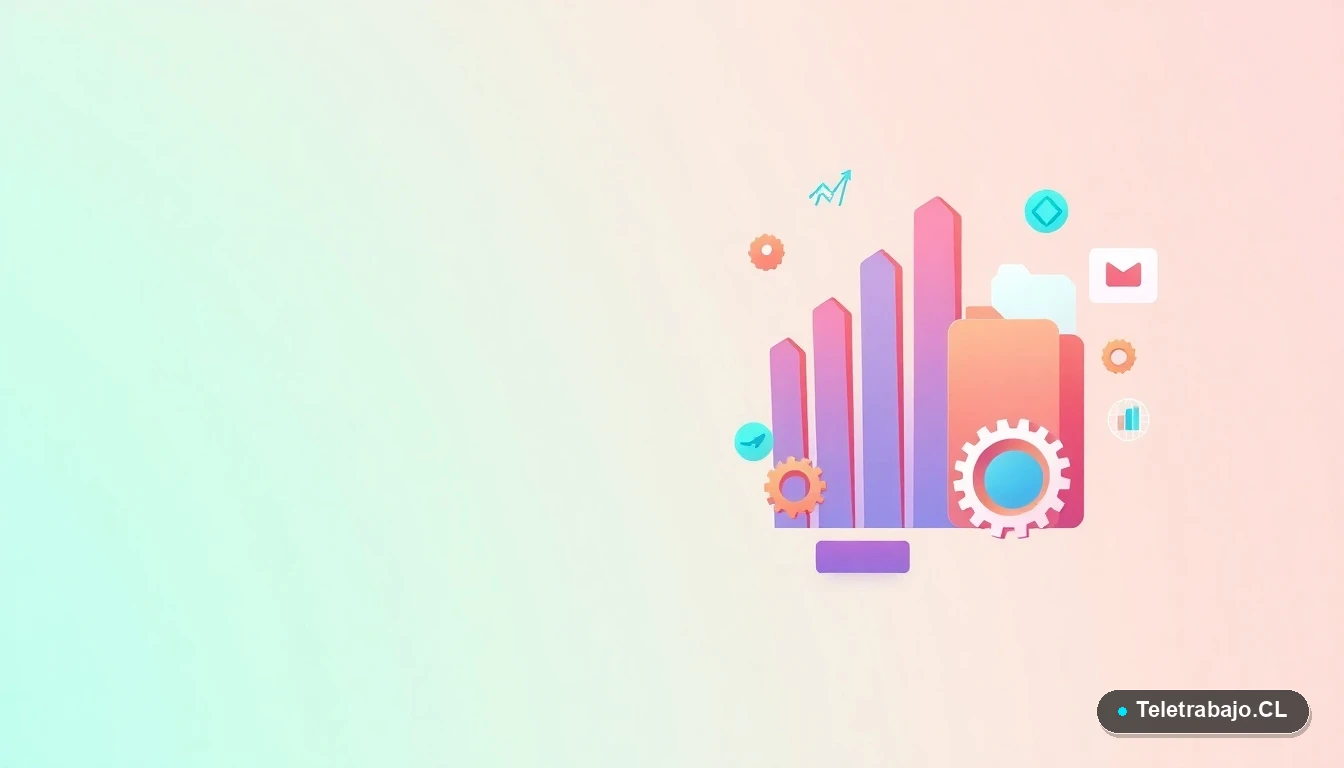 Composición abstracta de interfaz de usuario con gráficos, engranajes y carpetas flotantes en estilo vectorial plano, sobre fondo degradado verde menta. Concepto de datos y transición profesional.