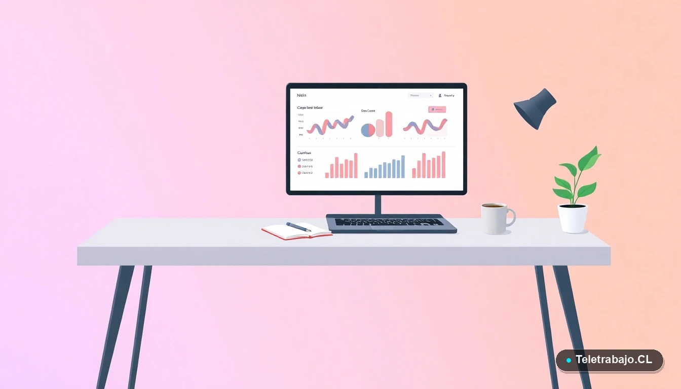 Escritorio moderno minimalista con laptop, taza de café y planta, estilo ilustración plana, para artículo sobre cómo estructurar un currículum.