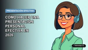 Ilustración plana vectorial de una mujer profesional de teletrabajo sonriendo, con fondo degradado azul suave, para guía sobre cómo hacer una presentación personal efectiva.