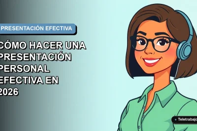 Ilustración plana vectorial de una mujer profesional de teletrabajo sonriendo, con fondo degradado azul suave, para guía sobre cómo hacer una presentación personal efectiva.