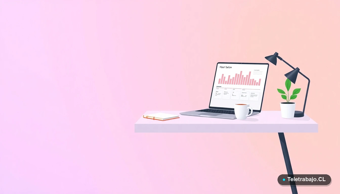 Escritorio moderno minimalista con laptop, taza de café y planta, fondo degradado lila y durazno, concepto de espacio de trabajo profesional para presentaciones.