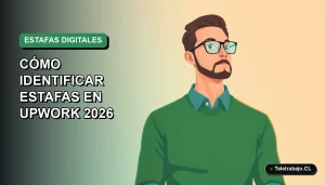 Ilustración vectorial plana de un trabajador remoto masculino con suéter verde mirando pensativamente hacia la izquierda, con fondo degradado suave, sobre estafas en plataformas freelance.