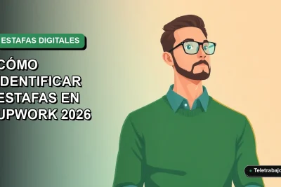 Ilustración vectorial plana de un trabajador remoto masculino con suéter verde mirando pensativamente hacia la izquierda, con fondo degradado suave, sobre estafas en plataformas freelance.