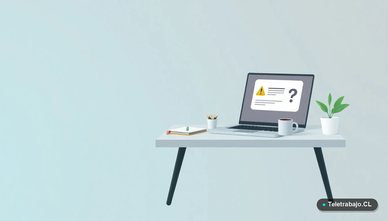 Escritorio moderno minimalista con laptop mostrando icono de advertencia y una taza de café, ilustración vectorial plana sobre fondo degradado, concepto de precaución en el trabajo digital.