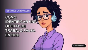 Ilustración plana corporativa de una mujer profesional de teletrabajo con expresión de alerta, fondo degradado lavanda suave, concepto de ofertas de trabajo fraudulentas.
