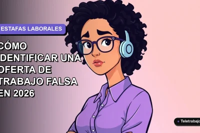 Ilustración plana corporativa de una mujer profesional de teletrabajo con expresión de alerta, fondo degradado lavanda suave, concepto de ofertas de trabajo fraudulentas.