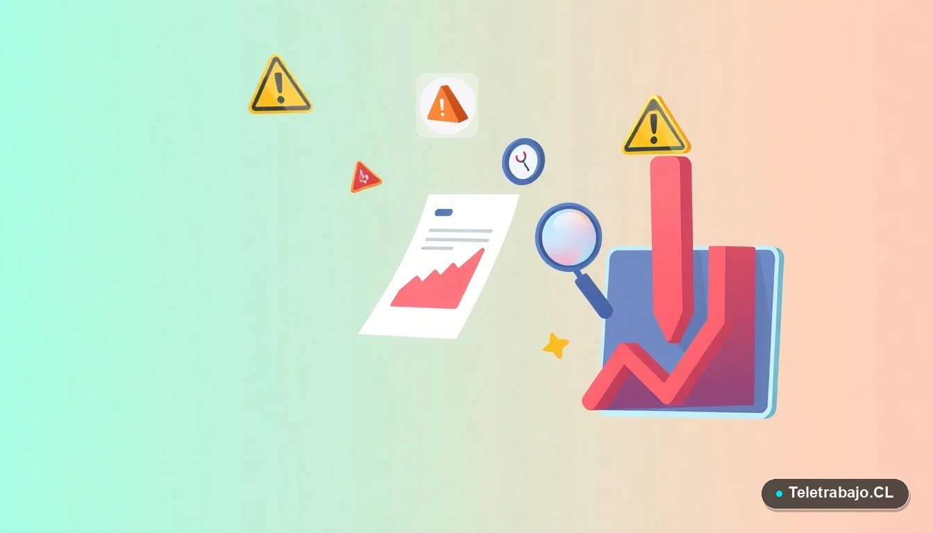 Ilustración abstracta de interfaz de usuario con iconos de alerta, escudo agrietado y gráfico en baja, fondo degradado verde menta, representando la detección de fraudes en ofertas laborales.