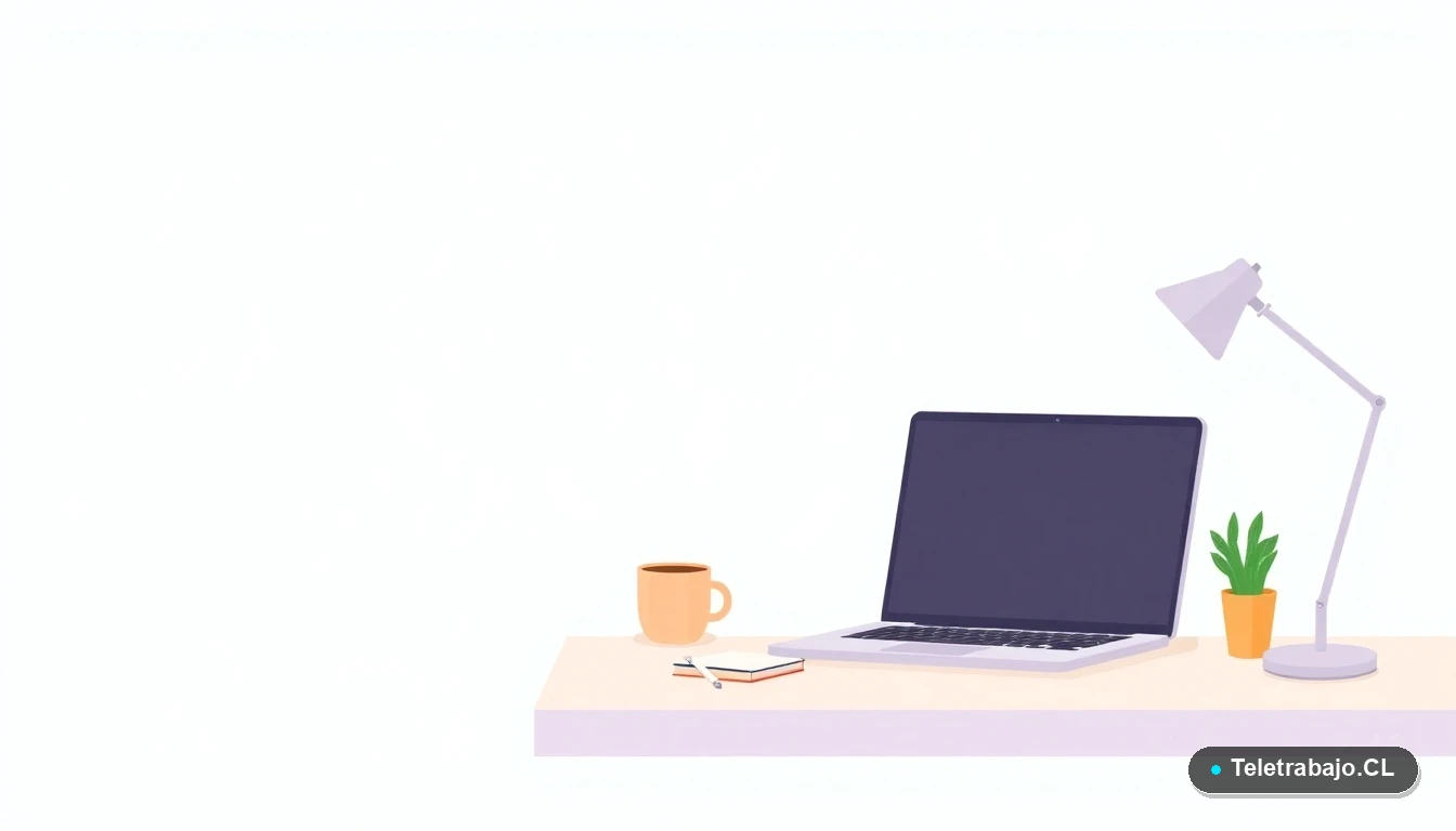 Escritorio moderno minimalista con laptop, cuaderno, taza de café y una planta, sobre un fondo degradado suave color menta, estilo ilustración vectorial plana.